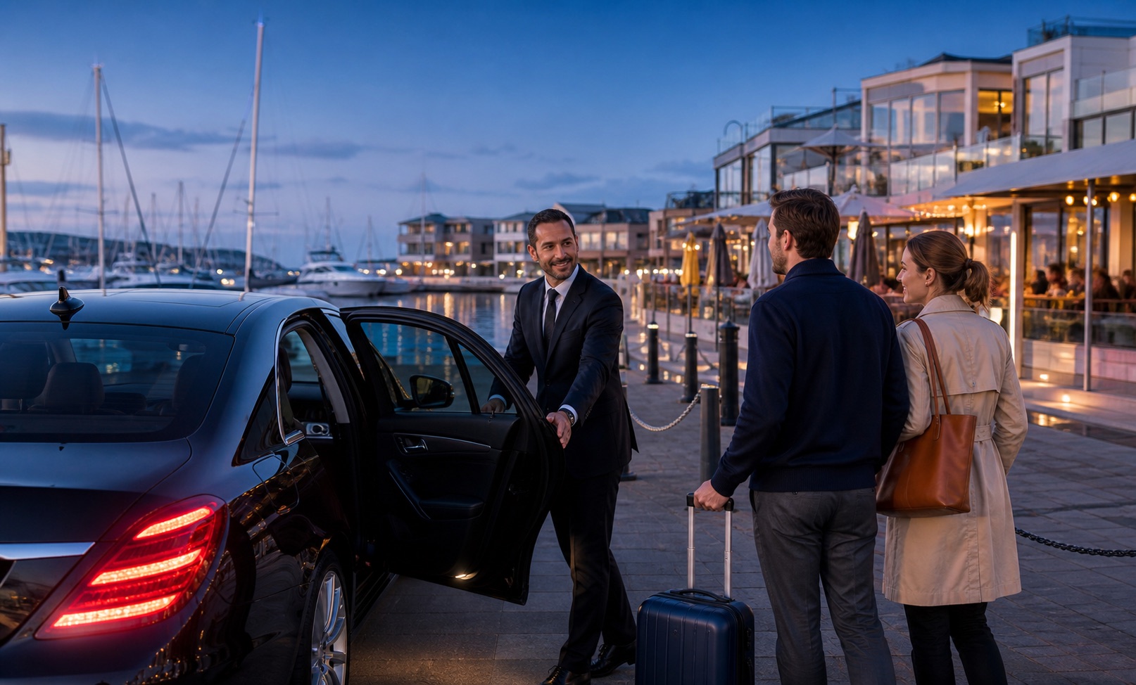 Professional evening taxi pickup at Brighton Marina waterfront