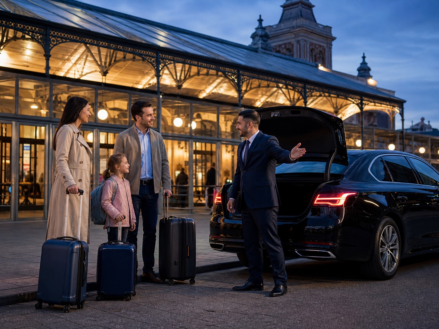 Driver meeting passengers with luggage outside Brighton Station