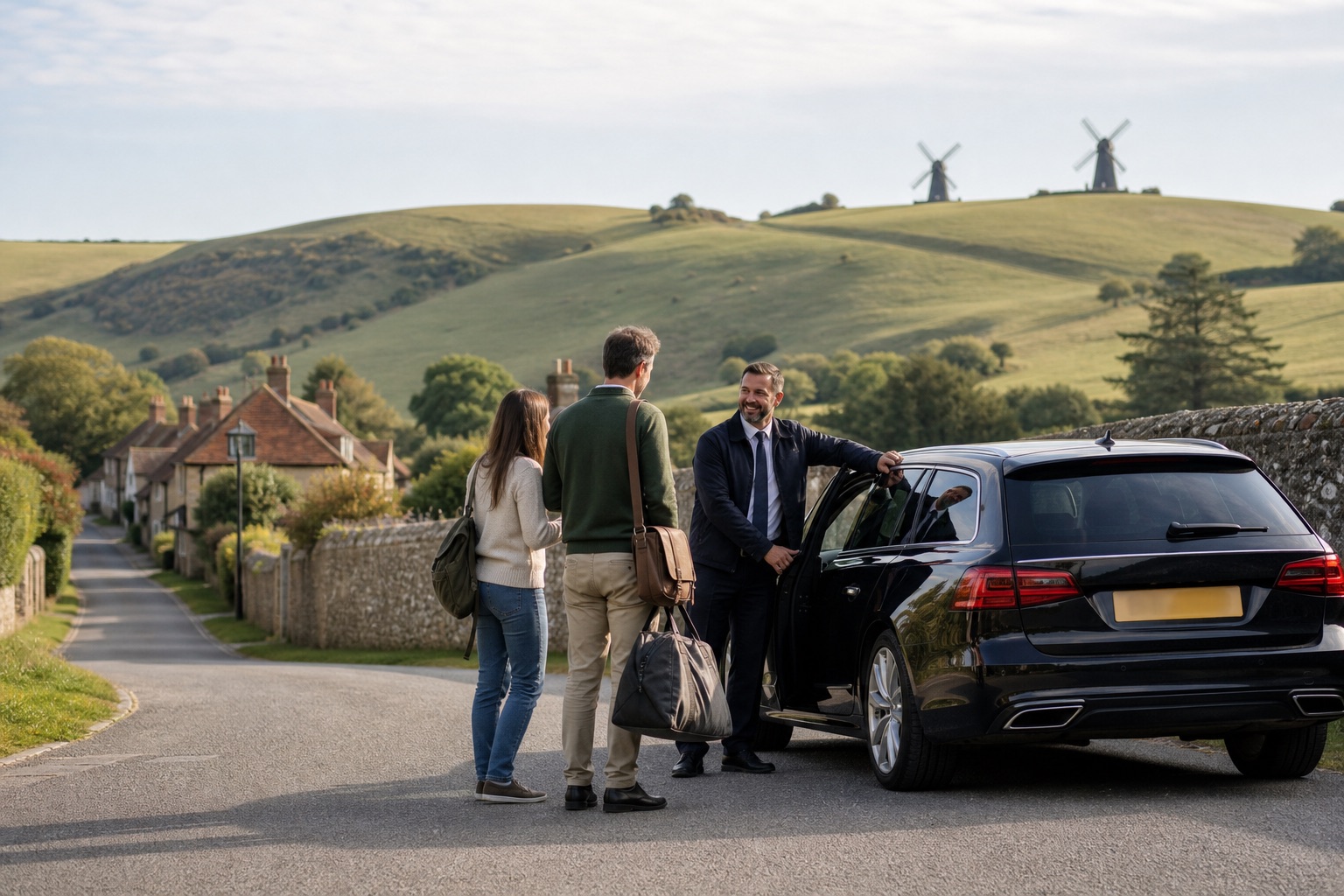 Driver greeting visitors for a taxi journey in Clayton near the South Downs