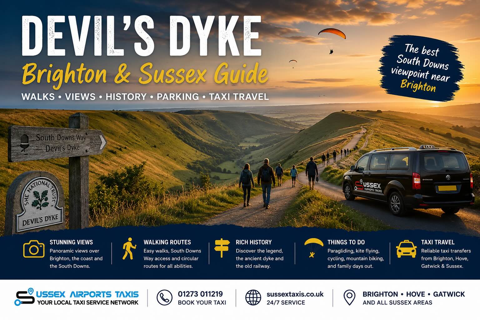 Devil’s Dyke Brighton and Sussex guide showing South Downs views, walking routes, history, parking and taxi travel