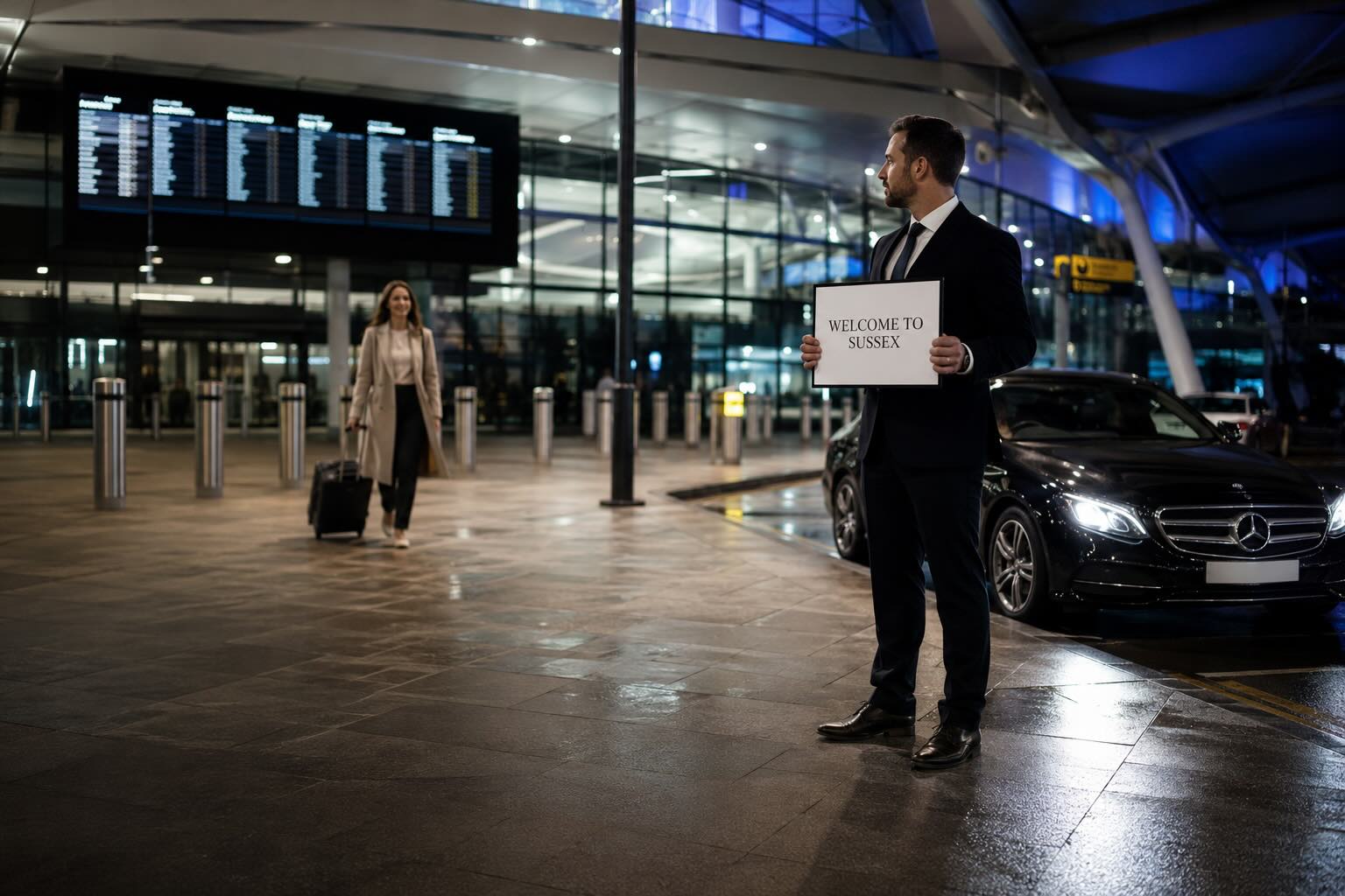 Heathrow Airport taxi pickup with chauffeur and name board by Sussex Airports Taxis