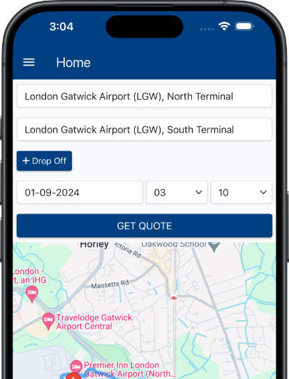 Illustrative airport booking screen in the Sussex Go app