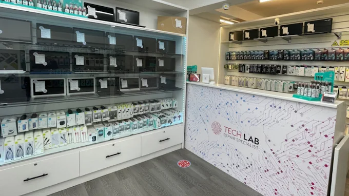 Inside Tech Lab Repair Specialist shop in Worthing showing phone laptop and device repair services